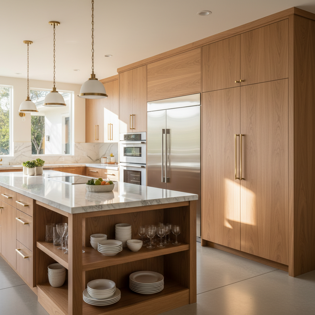 Upscale kitchen with integrated Bosch refrigerator and wall oven